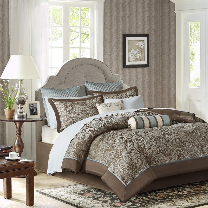 Madison Park Aubrey Queen Size Bed Comforter Set Bed In A Bag - Blue, Brown , Paisley Jacquard – 12 Pieces Bedding Sets – - Machann.com