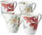 Lenox Butterfly Meadow Holiday set of 4 Mugs, Poinsettias and Jasmine Design