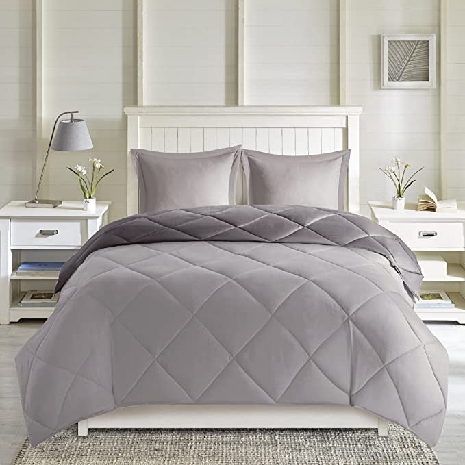 Madison Park Larkspur All Season Reversible Two Sides Down Alternative Set 3M Stain Release Comforters, Full/Queen, Charcoal/Grey