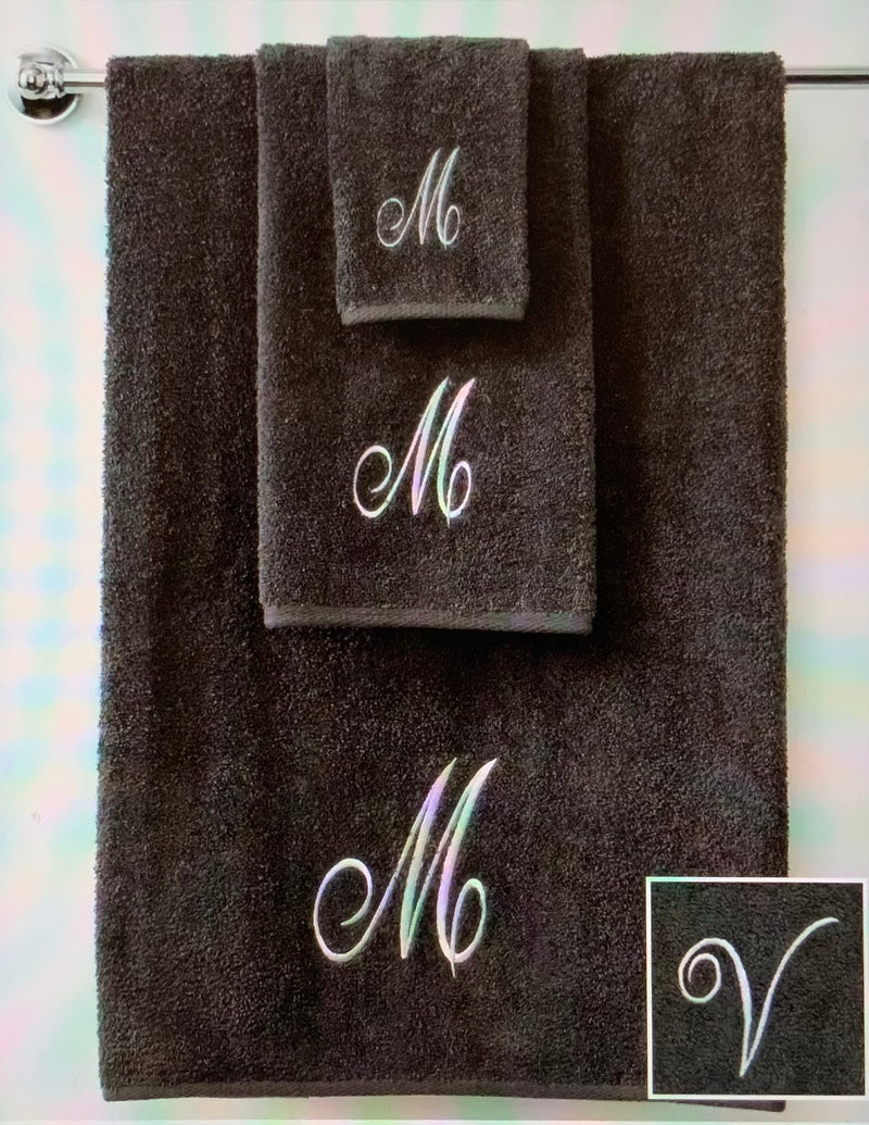 Avanti Bath Towels, Monogram Initial Script Granite and Silver 16”x30” Hand Towel( letter V)